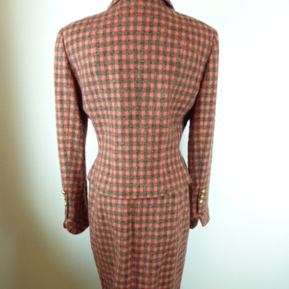 Koji Watanabe Style coral black check plaid 2 pc wool skirt suit Japan 6 - Picture 6 of 9